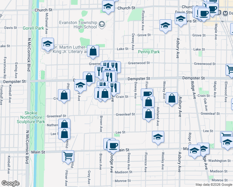 map of restaurants, bars, coffee shops, grocery stores, and more near 1205 Dodge Avenue in Evanston