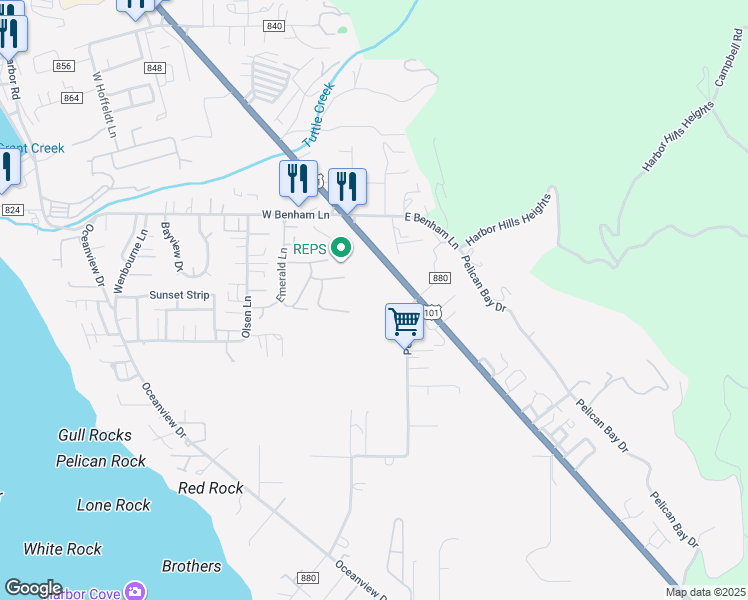 map of restaurants, bars, coffee shops, grocery stores, and more near 15870 Pedrioli Drive in Brookings
