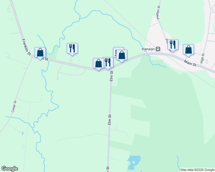 map of restaurants, bars, coffee shops, grocery stores, and more near 74 Elm Street in Hanson