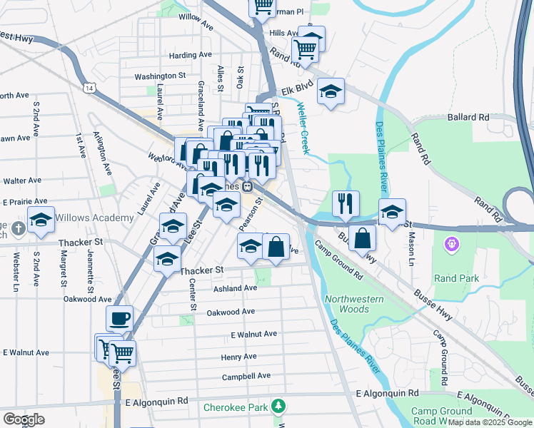 map of restaurants, bars, coffee shops, grocery stores, and more near 1575 Ellinwood Street in Des Plaines