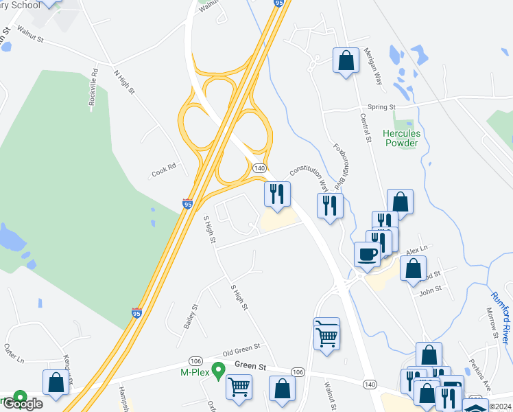 map of restaurants, bars, coffee shops, grocery stores, and more near 10 Fisher Street in Foxborough
