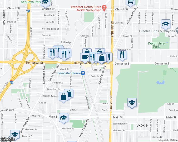 map of restaurants, bars, coffee shops, grocery stores, and more near 4938C Crain Street in Skokie