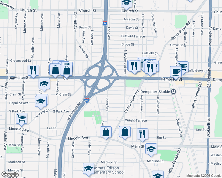 map of restaurants, bars, coffee shops, grocery stores, and more near 8650 Long Avenue in Skokie