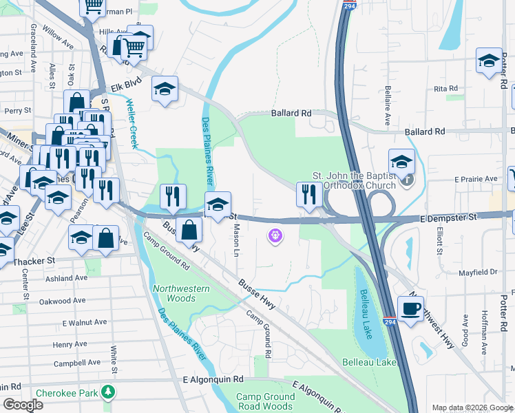 map of restaurants, bars, coffee shops, grocery stores, and more near 1891 Miner Street in Des Plaines