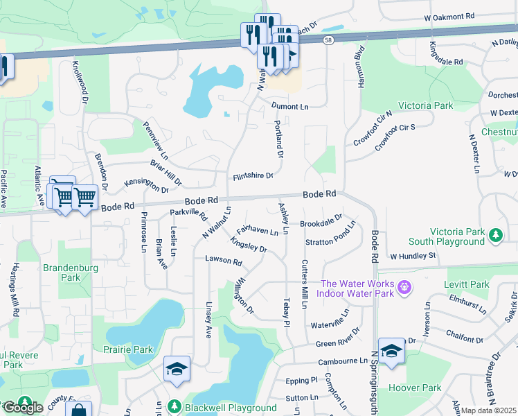 map of restaurants, bars, coffee shops, grocery stores, and more near 1900 Fairhaven Lane in Schaumburg