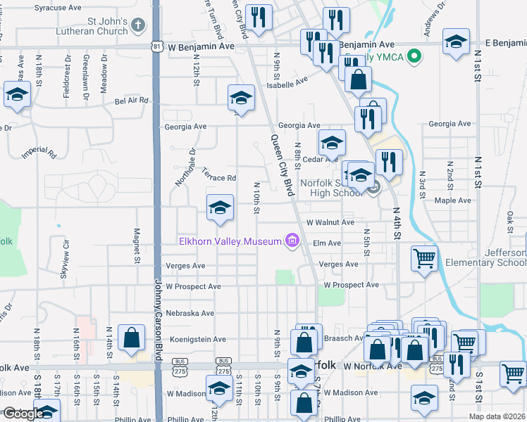 map of restaurants, bars, coffee shops, grocery stores, and more near 600-698 North 10th Street in Norfolk