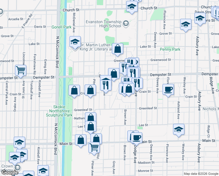 map of restaurants, bars, coffee shops, grocery stores, and more near 1205 Hartrey Avenue in Evanston