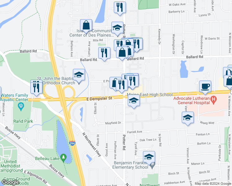 map of restaurants, bars, coffee shops, grocery stores, and more near 2550 East Dempster Street in Des Plaines