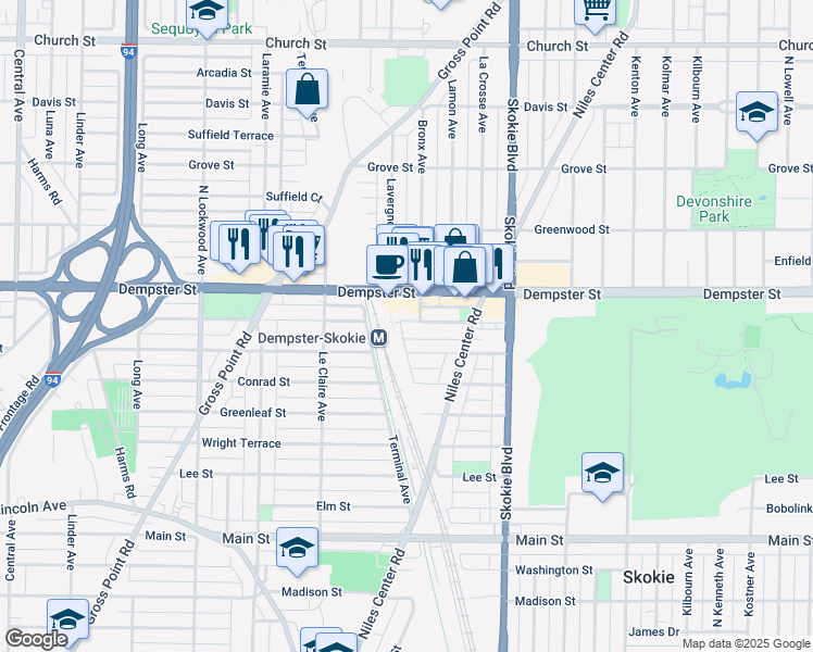 map of restaurants, bars, coffee shops, grocery stores, and more near 4959 Dempster Street in Skokie