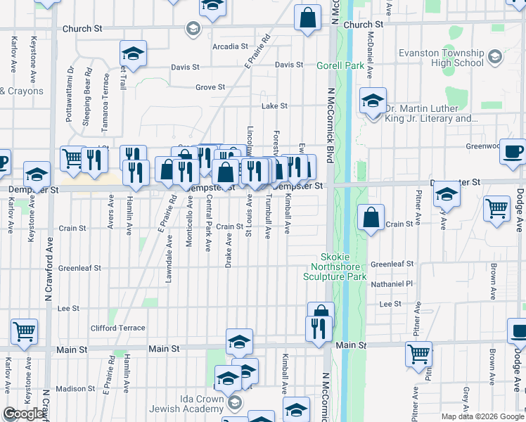 map of restaurants, bars, coffee shops, grocery stores, and more near 3457 Dempster Street in Skokie