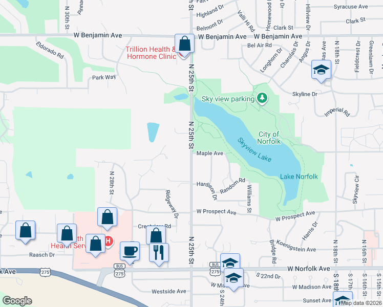map of restaurants, bars, coffee shops, grocery stores, and more near 2501 Maple Avenue in Norfolk