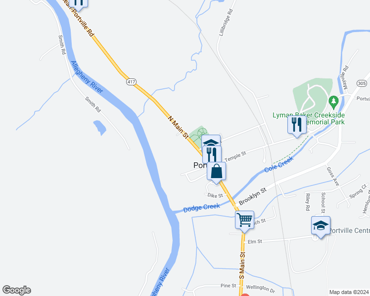 map of restaurants, bars, coffee shops, grocery stores, and more near 53 North Main Street in Portville