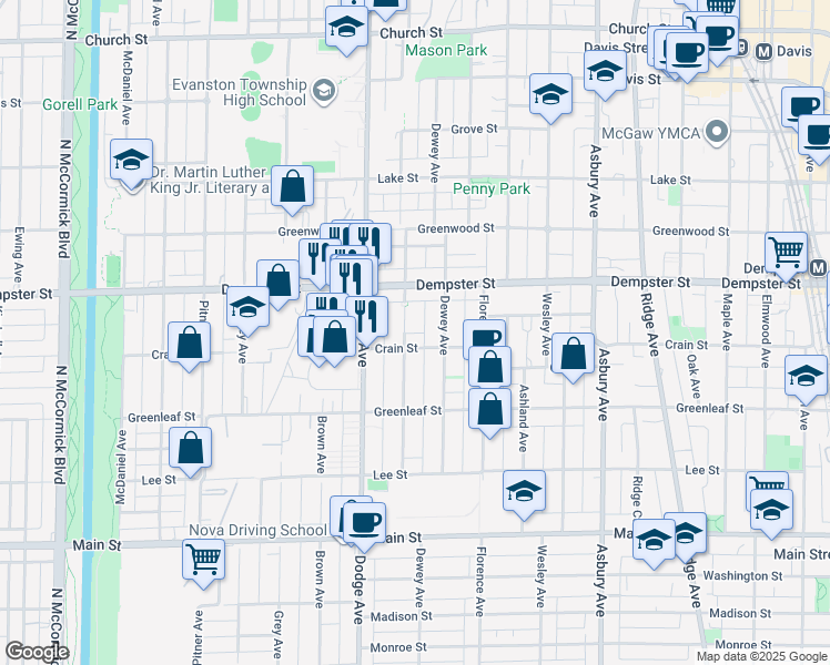 map of restaurants, bars, coffee shops, grocery stores, and more near 1229 Darrow Avenue in Evanston