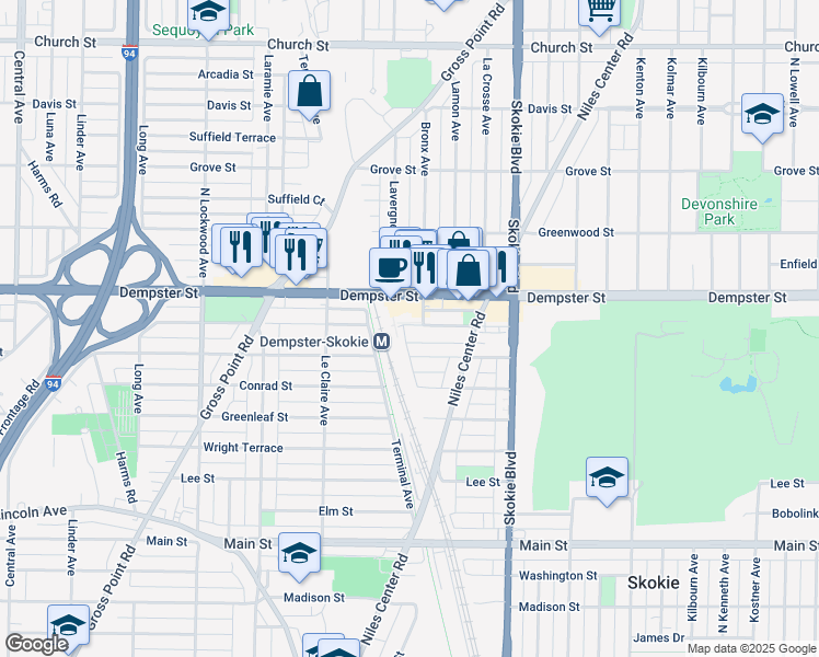 map of restaurants, bars, coffee shops, grocery stores, and more near 4959 Dempster Street in Skokie