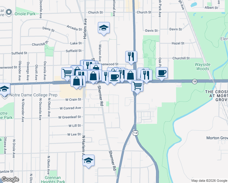 map of restaurants, bars, coffee shops, grocery stores, and more near 7039 Dempster Street in Niles
