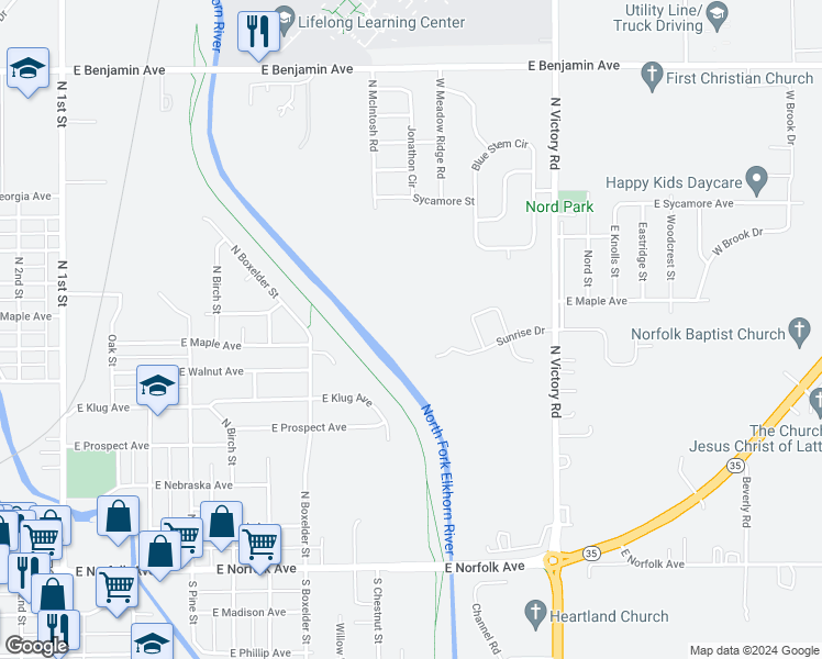 map of restaurants, bars, coffee shops, grocery stores, and more near 900 Blue Stem Circle in Norfolk