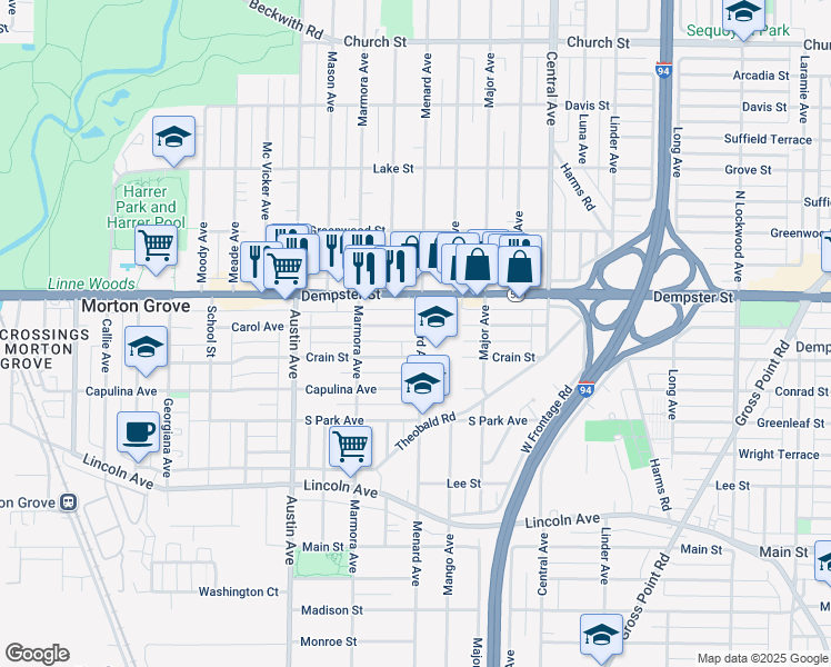 map of restaurants, bars, coffee shops, grocery stores, and more near 5801 Carol Avenue in Morton Grove