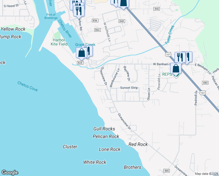 map of restaurants, bars, coffee shops, grocery stores, and more near 15924 Wenbourne Lane in Brookings