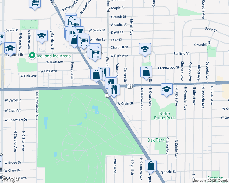 map of restaurants, bars, coffee shops, grocery stores, and more near 8740 Wisner Street in Niles