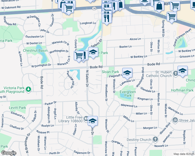 map of restaurants, bars, coffee shops, grocery stores, and more near 725 West Bode Circle in Hoffman Estates