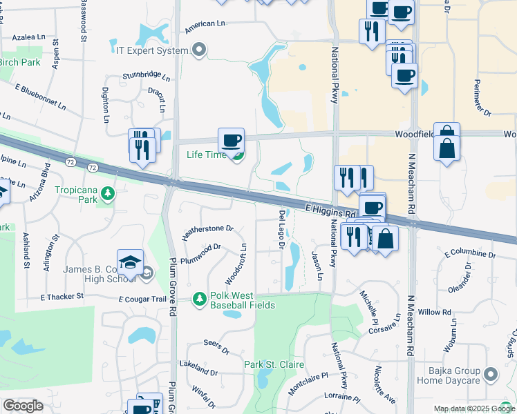 map of restaurants, bars, coffee shops, grocery stores, and more near 523 Verde Drive in Schaumburg