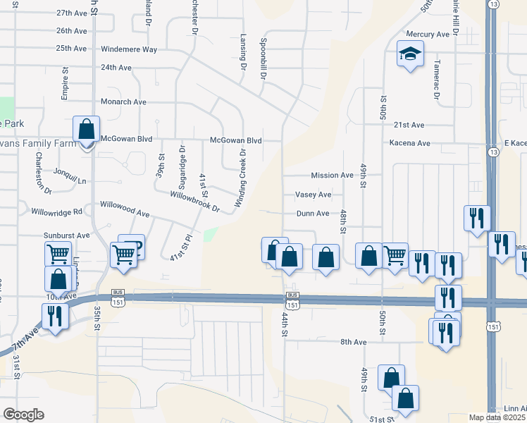 map of restaurants, bars, coffee shops, grocery stores, and more near 1470 44th Street in Marion