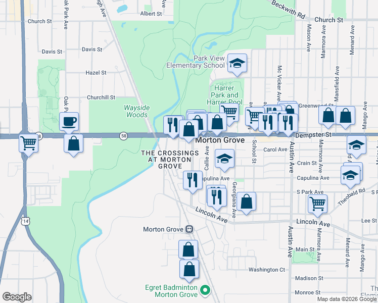 map of restaurants, bars, coffee shops, grocery stores, and more near 6334 Hennings Court in Morton Grove