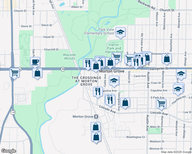 map of restaurants, bars, coffee shops, grocery stores, and more near 6336 Hennings Court in Morton Grove