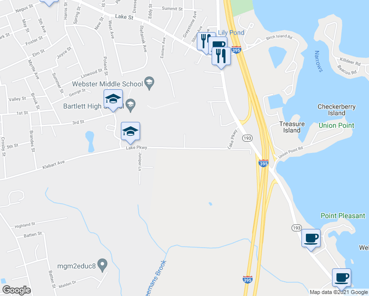 map of restaurants, bars, coffee shops, grocery stores, and more near 3 Rodio Dr in Webster