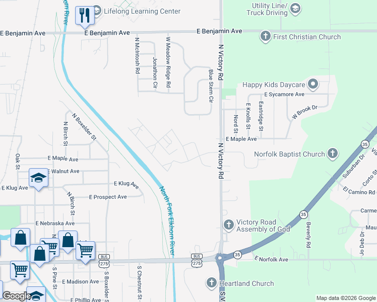map of restaurants, bars, coffee shops, grocery stores, and more near 806 Blue Stem Circle in Norfolk