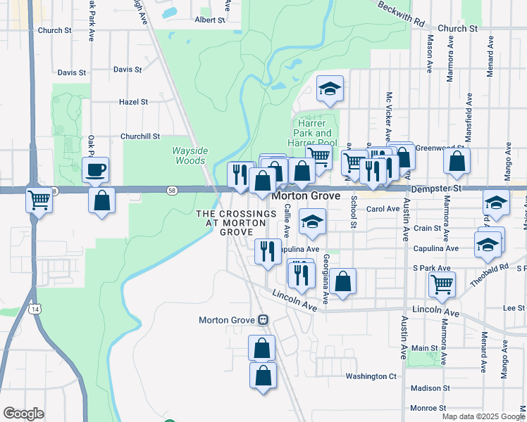 map of restaurants, bars, coffee shops, grocery stores, and more near 6323 Dempster Street in Morton Grove
