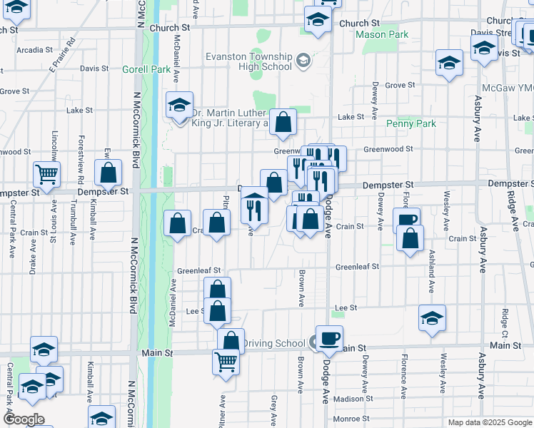 map of restaurants, bars, coffee shops, grocery stores, and more near 1285 Hartrey Avenue in Evanston