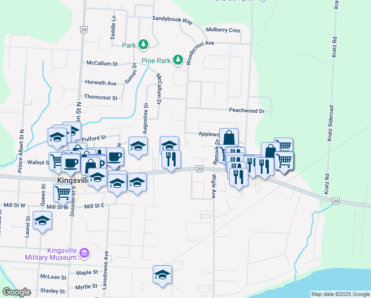 map of restaurants, bars, coffee shops, grocery stores, and more near 213 Applewood Road in Kingsville