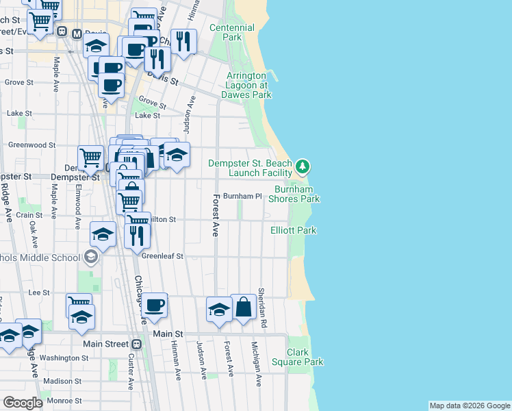 map of restaurants, bars, coffee shops, grocery stores, and more near 135 Burnham Place in Evanston