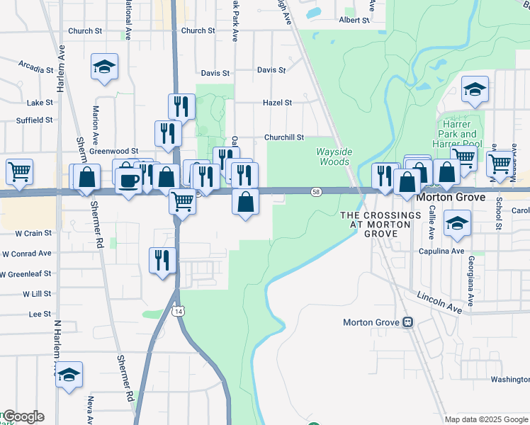 map of restaurants, bars, coffee shops, grocery stores, and more near 6711 Dempster Street in Morton Grove