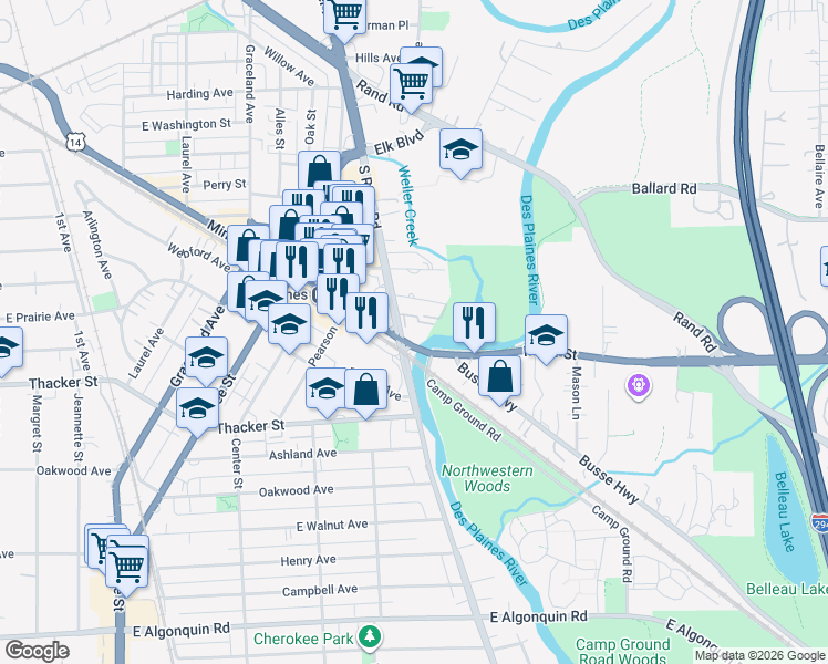 map of restaurants, bars, coffee shops, grocery stores, and more near 1675 Mill Street in Des Plaines