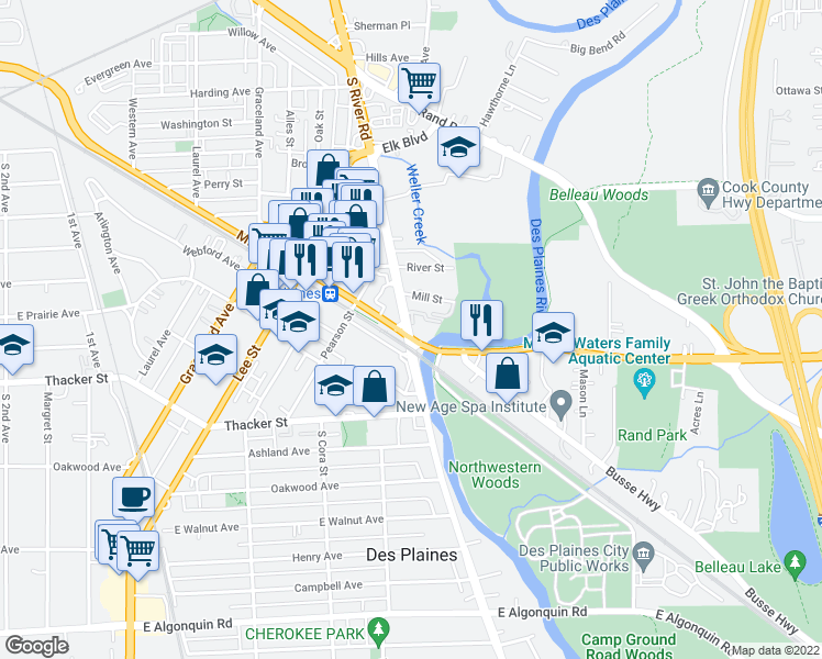 map of restaurants, bars, coffee shops, grocery stores, and more near 1675 Mill Street in Des Plaines