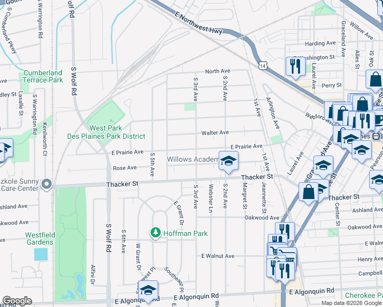 map of restaurants, bars, coffee shops, grocery stores, and more near 683 South 3rd Avenue in Des Plaines