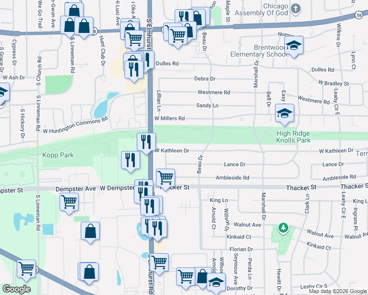 map of restaurants, bars, coffee shops, grocery stores, and more near 670 West Kathleen Drive in Des Plaines