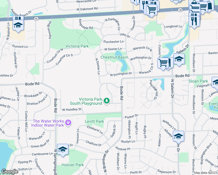 map of restaurants, bars, coffee shops, grocery stores, and more near 655 Wainsford Drive in Hoffman Estates
