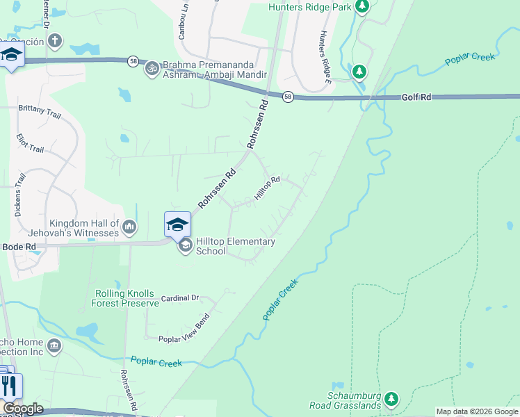 map of restaurants, bars, coffee shops, grocery stores, and more near 1770 Hilltop Road in Elgin