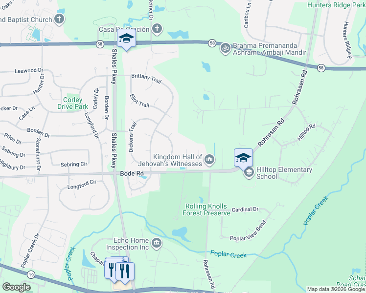 map of restaurants, bars, coffee shops, grocery stores, and more near 167 Brentwood Trail in Elgin