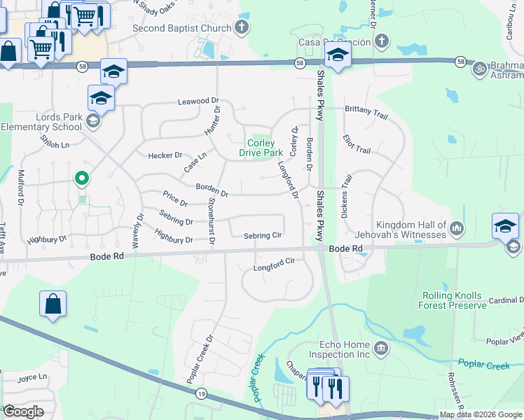 map of restaurants, bars, coffee shops, grocery stores, and more near 1283 Borden Drive in Elgin