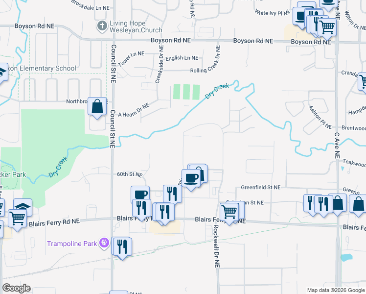 map of restaurants, bars, coffee shops, grocery stores, and more near 6135 Ridgemount Drive Northeast in Cedar Rapids