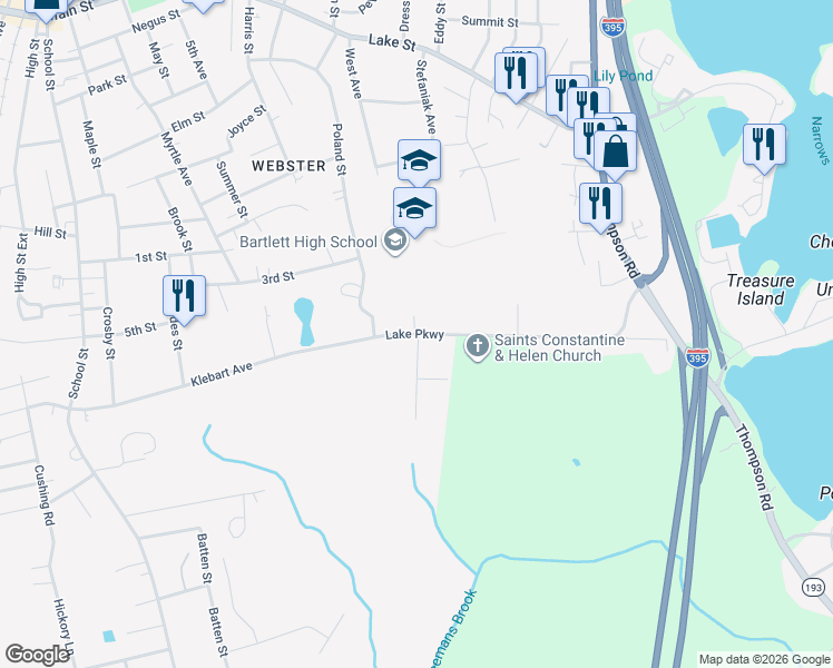 map of restaurants, bars, coffee shops, grocery stores, and more near 46R Lake Parkway in Webster