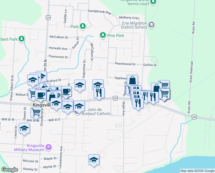 map of restaurants, bars, coffee shops, grocery stores, and more near 213 Applewood Road in Kingsville