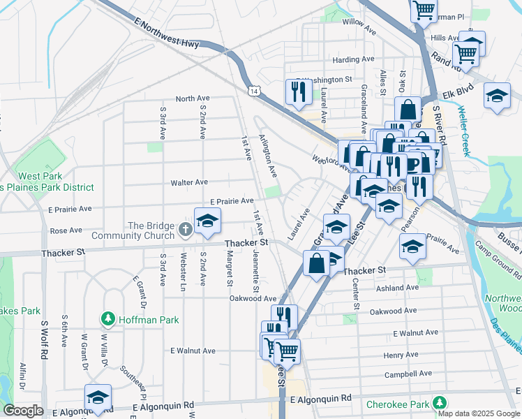 map of restaurants, bars, coffee shops, grocery stores, and more near 690 1st Avenue in Des Plaines
