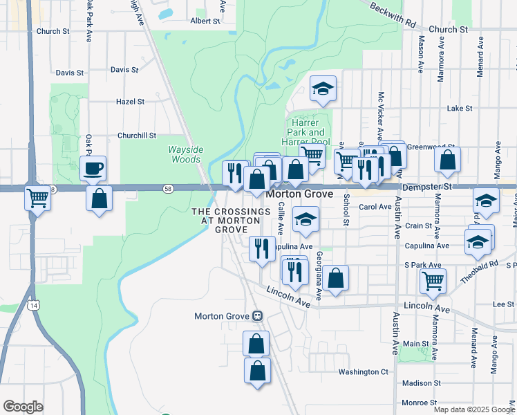 map of restaurants, bars, coffee shops, grocery stores, and more near 6323 Dempster Street in Morton Grove