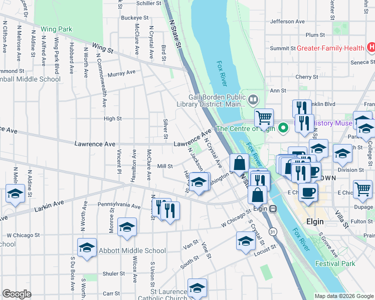 map of restaurants, bars, coffee shops, grocery stores, and more near 318 Lawrence Avenue in Elgin