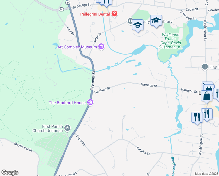 map of restaurants, bars, coffee shops, grocery stores, and more near 251 Harrison Street in Duxbury